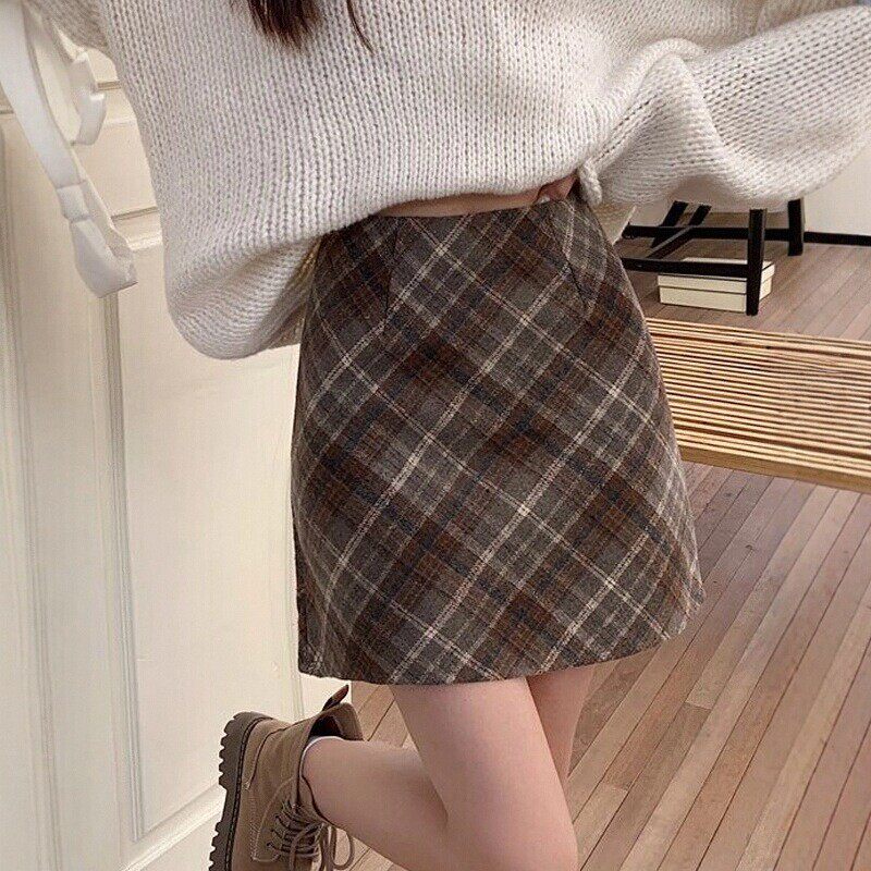毛呢格子半身裙女秋冬新