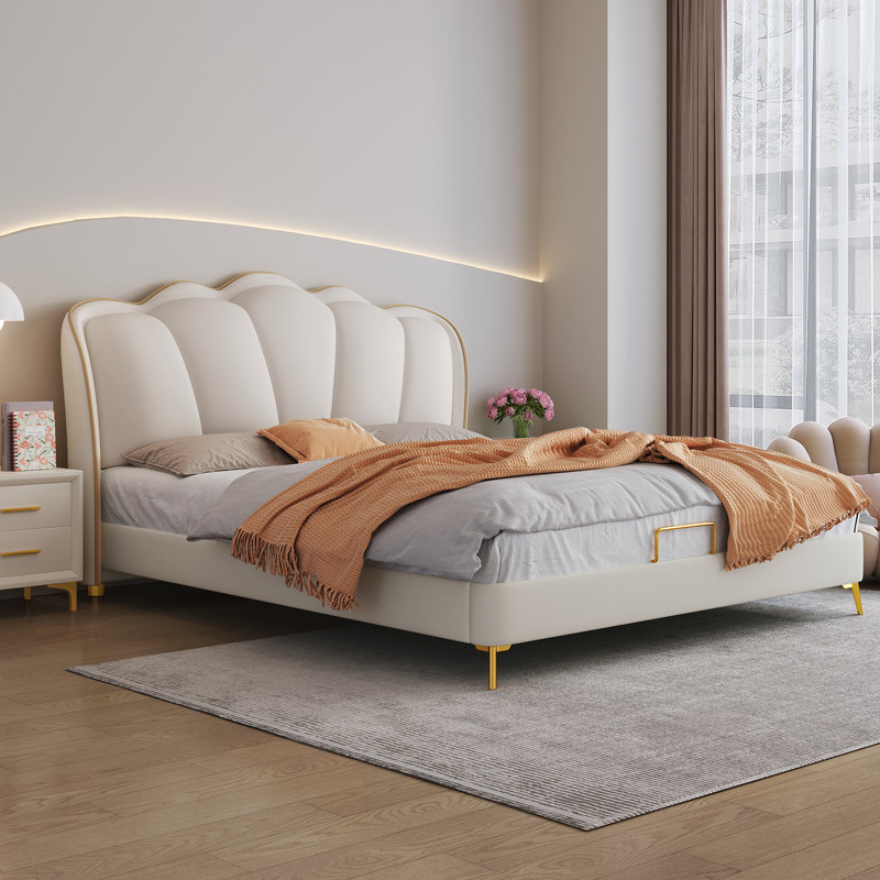 华意空间奶油风法式花瓣床现代简约轻奢主卧室实木双人软包皮床科