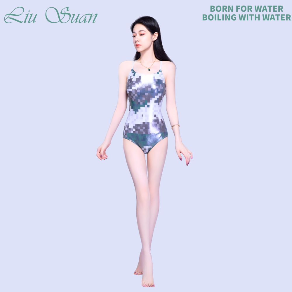 鎏酸泳衣女款2024新款像素空间双层低开叉温泉游泳度假游泳衣