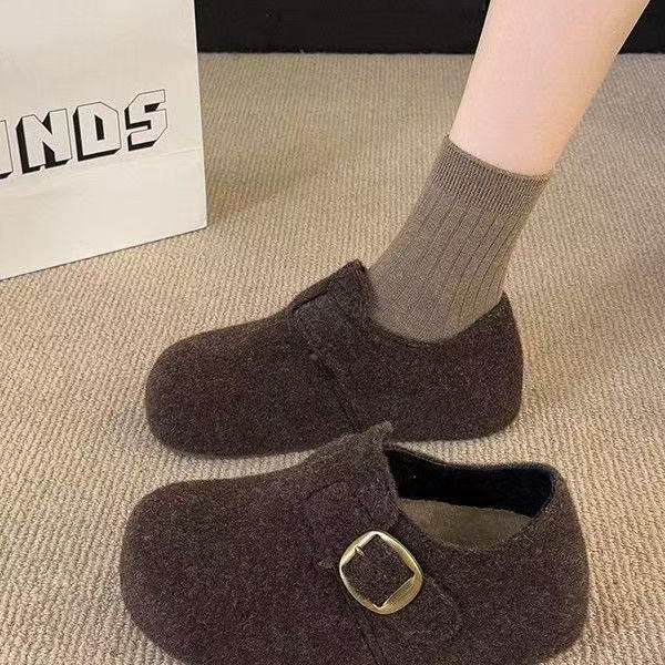 秋冬加绒毛呢金属扣女勃肯鞋