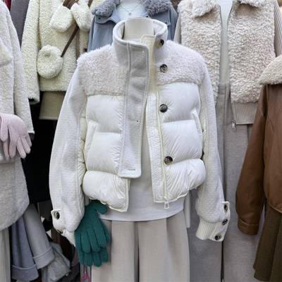 欧货时尚立领羊羔毛拼接90白鸭绒羽绒服女2025冬季短款小个子外套