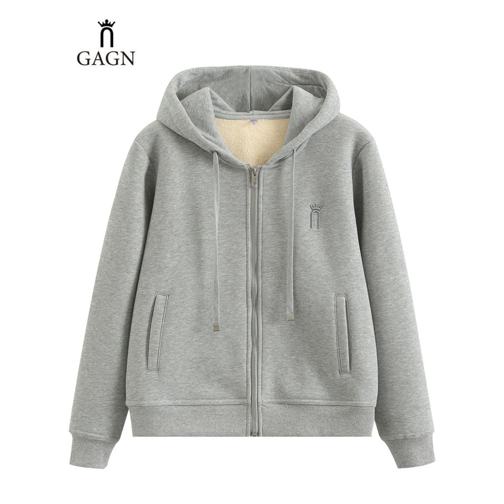 2025新款爆款加绒卫衣女 秋冬灰色连帽外套休闲开衫冬季拉炼上衣