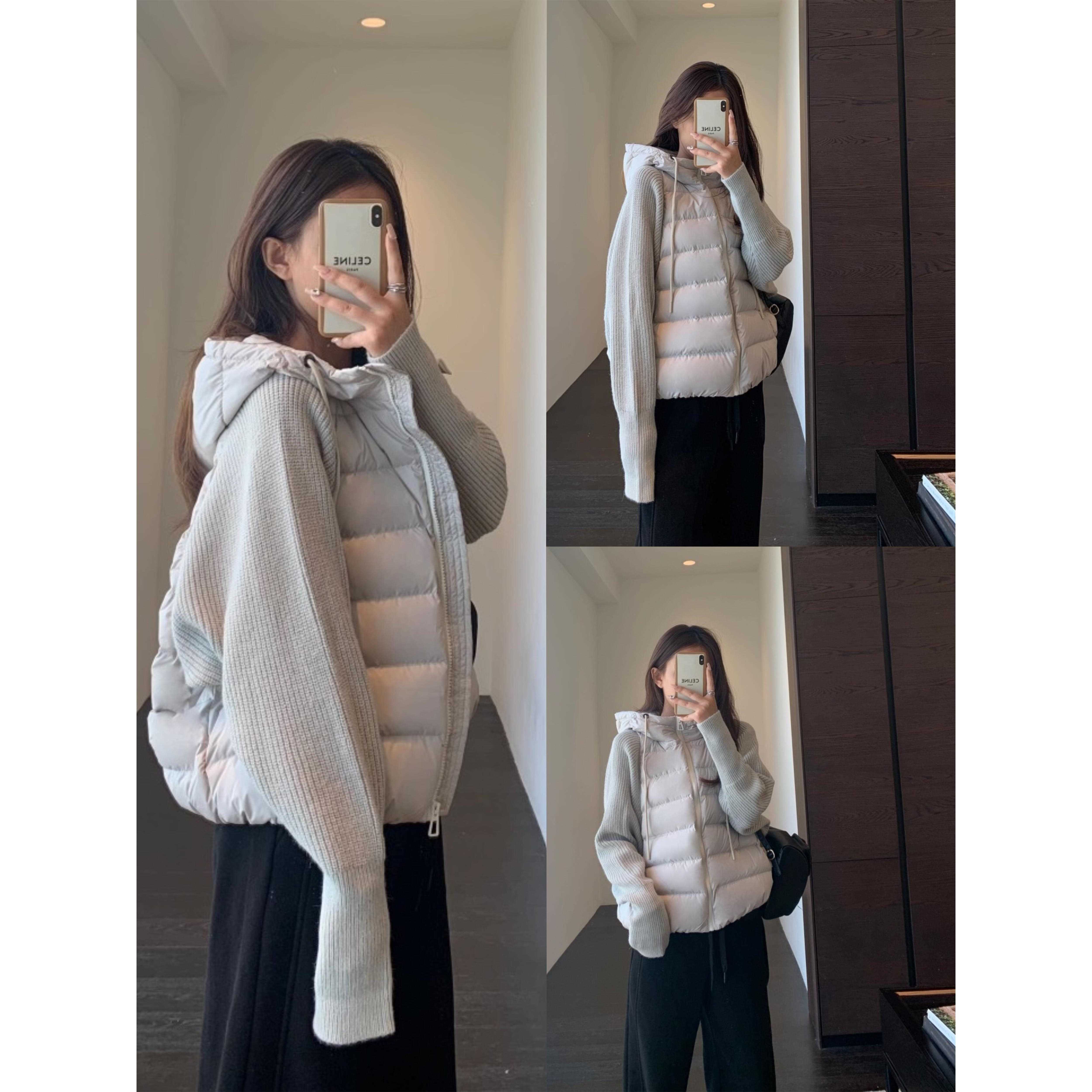 轻薄针织拼接棉服女短款2025冬季新款假两件棉衣韩版宽松冬装外套