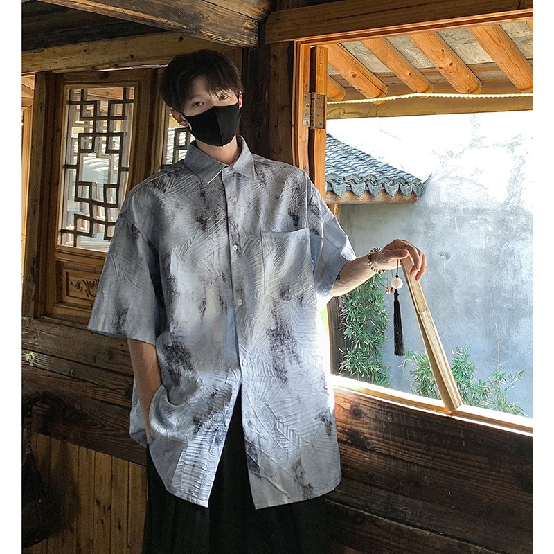 新中式国风水墨短袖衬衫男202y4年新款国风冰丝衬衣夏季薄款潮流