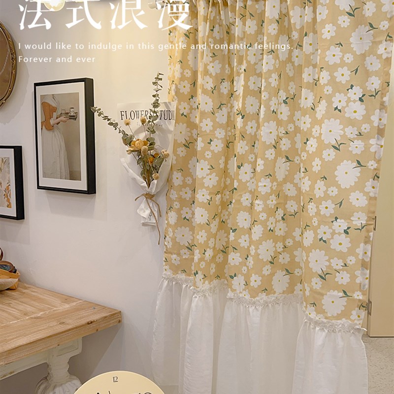 韩式田园美式欧式l厨房免打孔短帘小窗帘窗纱帘隔断鹅黄色半帘门