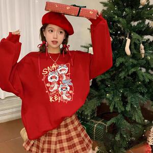 500G银狐绒卫衣女男红色2025蛇年本命年衣服冬爆款加绒加厚亲子装