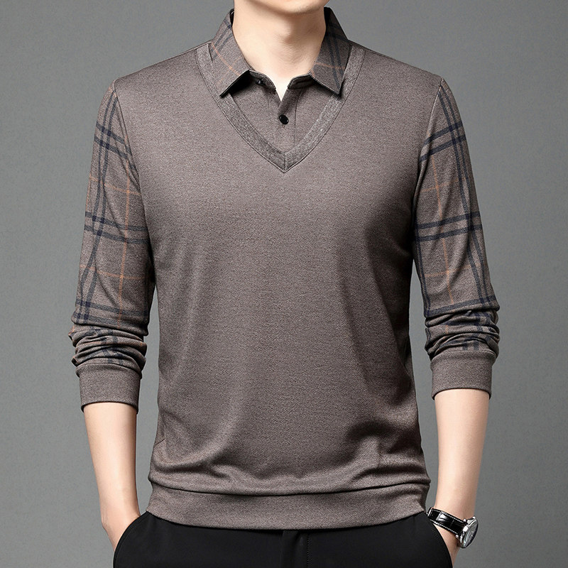 春季新款衬衫领拼接假两件长袖男士POLO衫中年高档T恤外穿打底衫