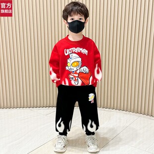 右欧官网童装奥特曼衣服2026新款冬装男童套装儿童加绒卫衣两件套