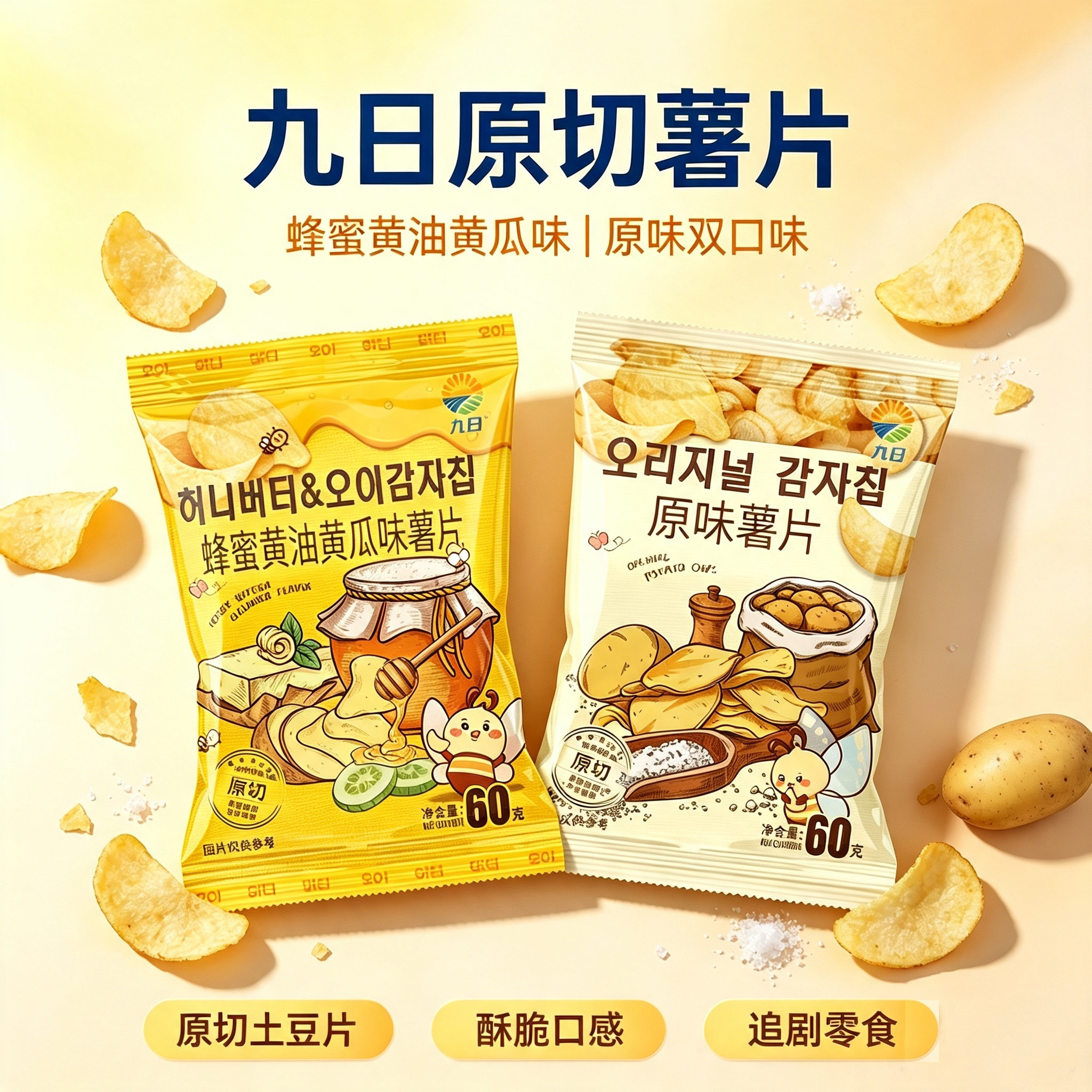 JIUR九日原切马铃薯片蜂蜜黄油黄瓜味薯片土豆片膨化休闲小零食