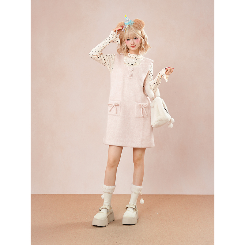 2025秋冬新款甜美学院风可爱蝴蝶结背心裙高领蕾丝打底衫两件套女