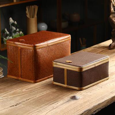 极速大漆竹编藤编方形收纳篮家用带盖防尘L筐竹盒食盒隔层茶具收