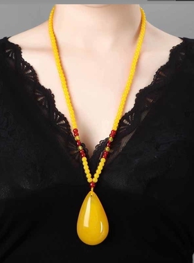 极速老蜜蜡琥珀吊坠血珀男女款长款项链J鸡油黄毛衣链人工蜜蜡吊