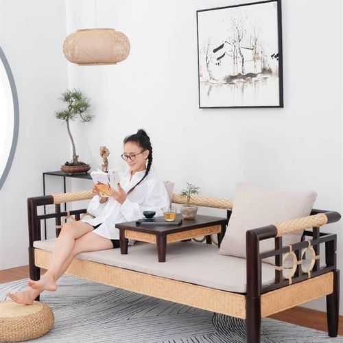 极速新中式罗汉床实木三件套藤编小户型客厅简约现V代禅意沙发床