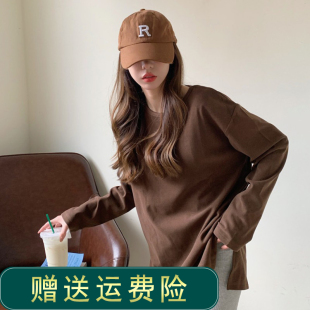 新品白色开叉长袖t恤女早春y秋欧货大版中长款遮屁股打底内搭纯棉