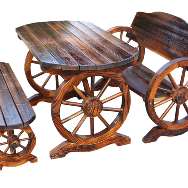 极速碳化车轮餐桌组合三套件双人B桌椅凳实木结构阳台庭院休闲茶