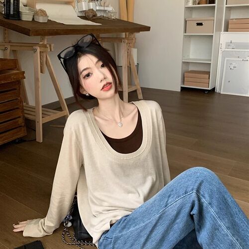 新品撞色假两件针织衫女秋季20z23新款设计感小众慵懒拼接显瘦长