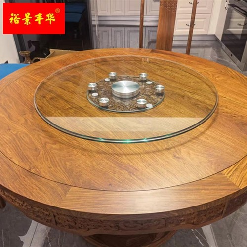 极速钢化玻璃桌面家用圆桌10厘辅助轮圆台面饭桌转盘X底座旋转玻