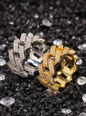 极速Hiphop zircon Cuban ring men's niche design meta.l ge