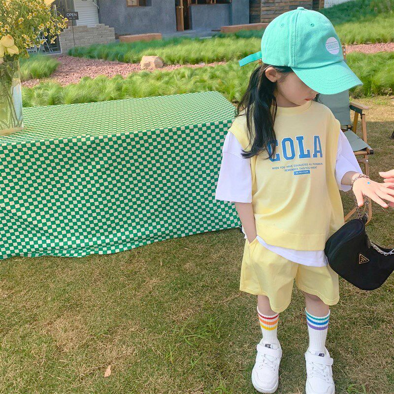 极速2023新款女童运q动套装奶油色夏季儿童时髦休闲宝宝短袖短裤