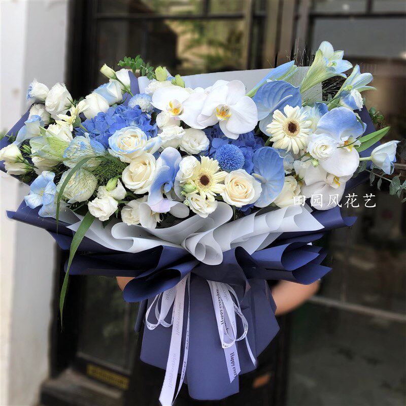 极速西安蓝色绣球蝴蝶兰白玫瑰百B合花束 送领导送老师送男士生日