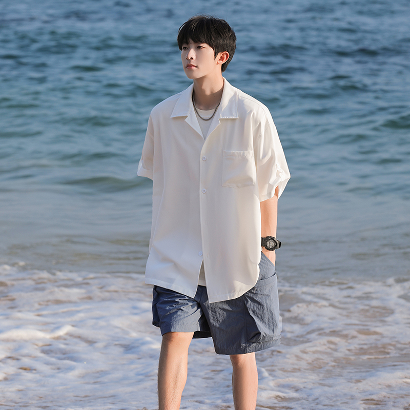 当潮马古巴领衬衫宽松痞帅冰丝垂感港风休闲度假上衣男QCMT-2417