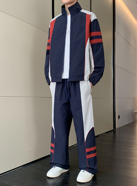 当潮马春秋季休闲运动套装男开衫夹克外套宽松长裤两件套HTLB573