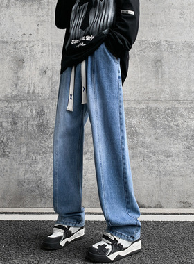 SS520直筒牛仔裤男款春秋潮牌宽松美式高街阔腿裤拼接休闲长裤