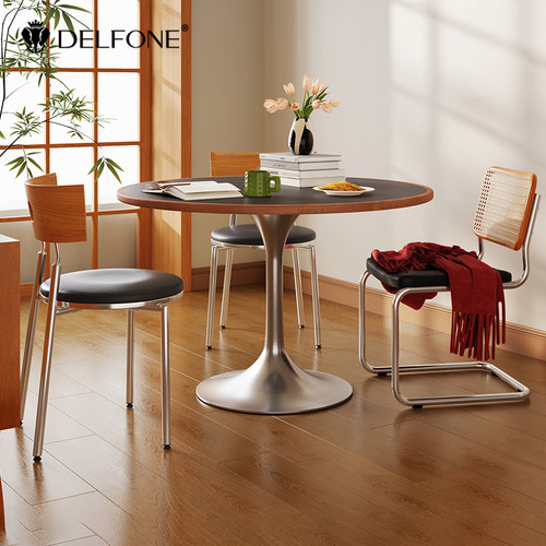 德利丰复古实木不锈钢岩板餐桌