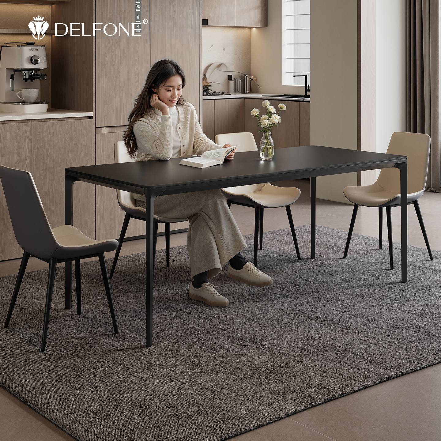 德利丰家用小户型黑色岩板餐桌