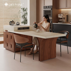 德利丰中古风家用岩板岛台多功能可伸缩泡茶一体餐桌开放厨房餐厅