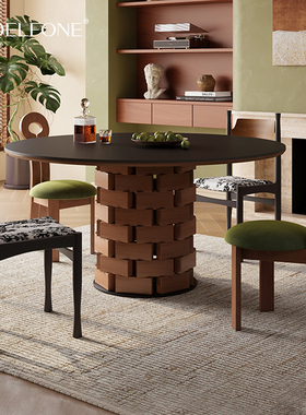 德利丰黑色岩板圆形餐桌家用小户型设计师覆古实木中古侘寂风饭桌