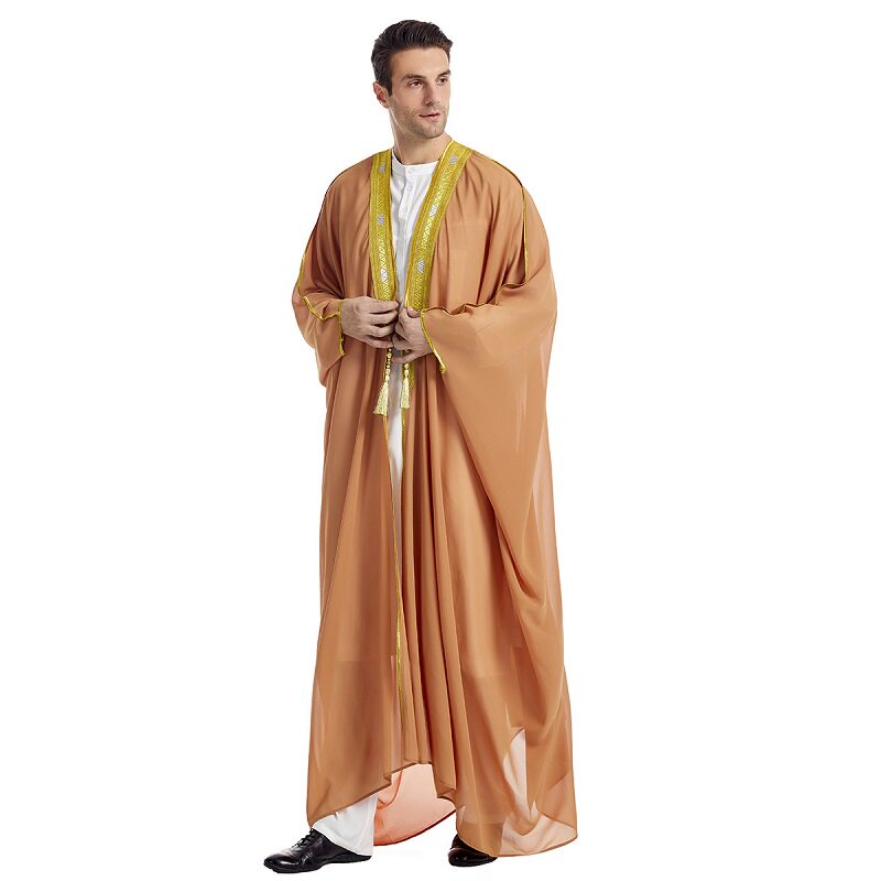 Muslim Arab Men Thobe Thawb Caftan阿拉伯长袖吊须金珠雪纺外披