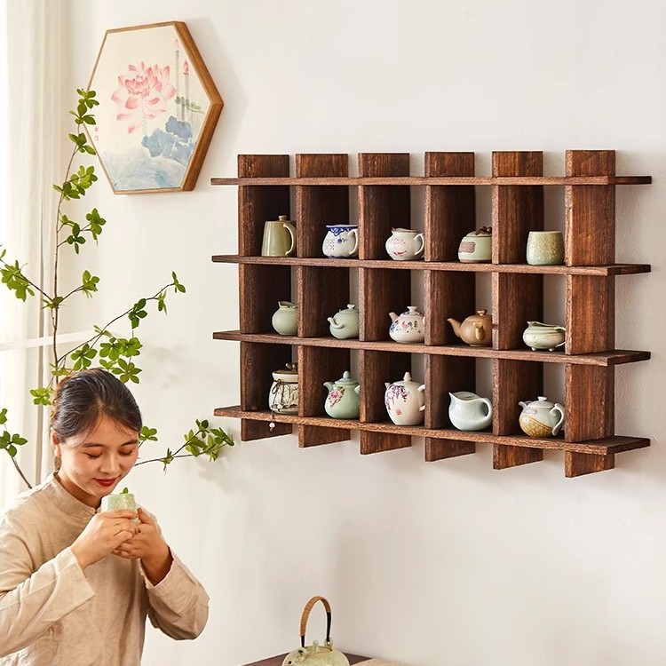 日本品质多宝阁博古架实木中式壁挂式墙上置物架挂墙茶杯架茶具摆
