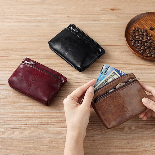新款油蜡皮复古真皮质感迷你钱包男女拉链零钱包卡包简约钥匙包