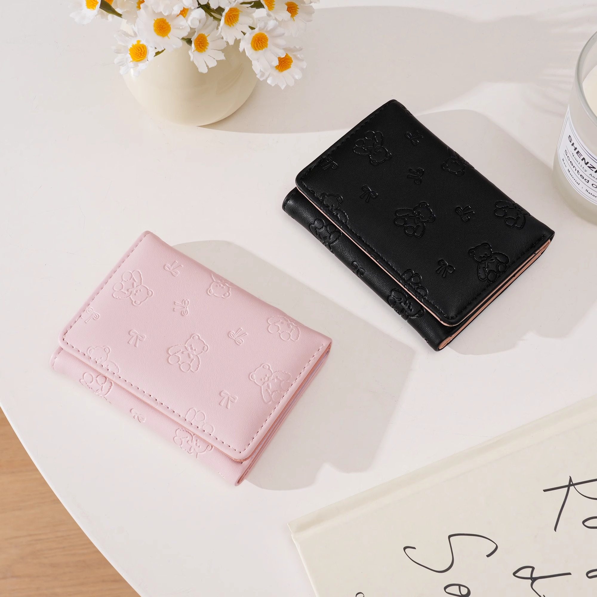 新款小清新短款卡通小熊压印女士钱包多功能三折可爱零钱包小钱包