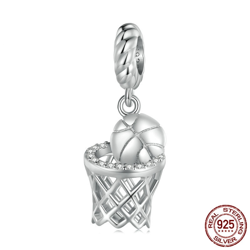 纯银s925蓝球吊珠手链串珠 镀白金锆石投篮精致立体坠子diy配饰