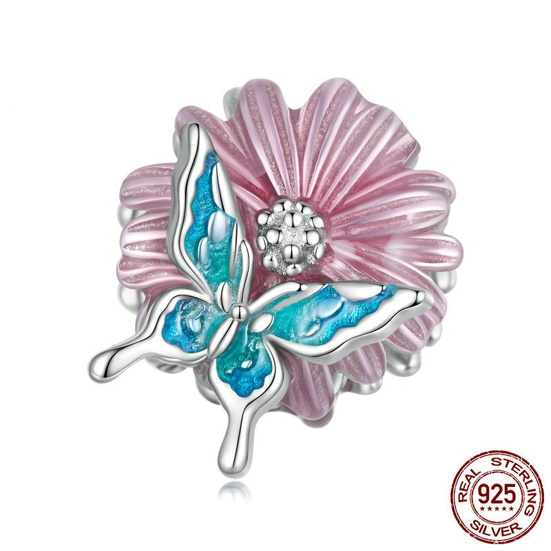 春季新款纯银s925花朵蝴蝶精致diy串珠彩色珠子饰品