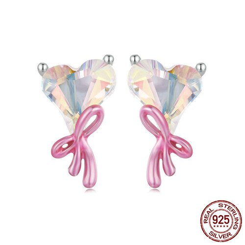粉色爱心蝴蝶结耳钉女 甜美梦幻心形s925纯银耳钉耳饰