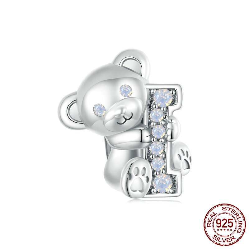 情人节送女友可爱小熊I LOVE U串珠s925纯银diy散珠饰品