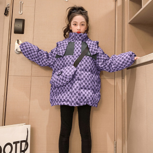洋气童装 加厚棉服格子外套冬季 新款 韩国女童棉衣冬装 中大童棉袄潮