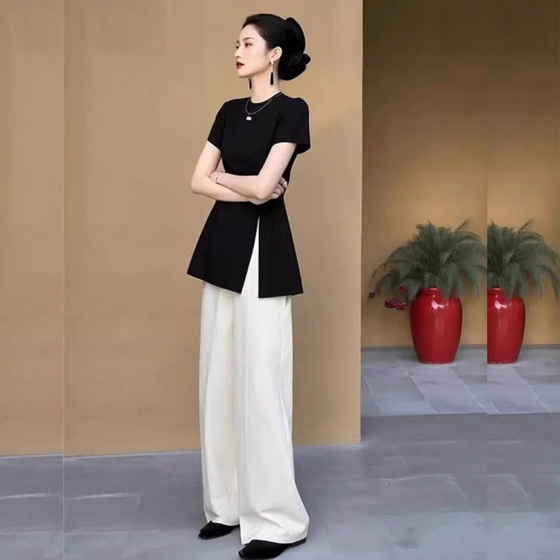 夏季搭配一整套时尚小个子减龄洋气高级感黑色短袖上衣阔腿裤套装