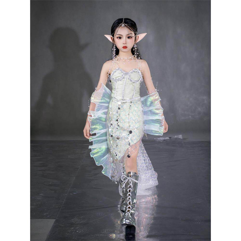 女童礼服拖尾人鱼姬亮片鱼尾裙COS鲛人服装儿童走秀服海洋风写真