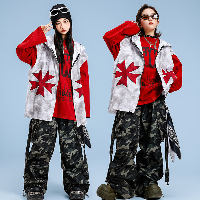儿童街舞套装宽松男女童迷彩工装裤hiphop演出服痞帅连帽马甲背心