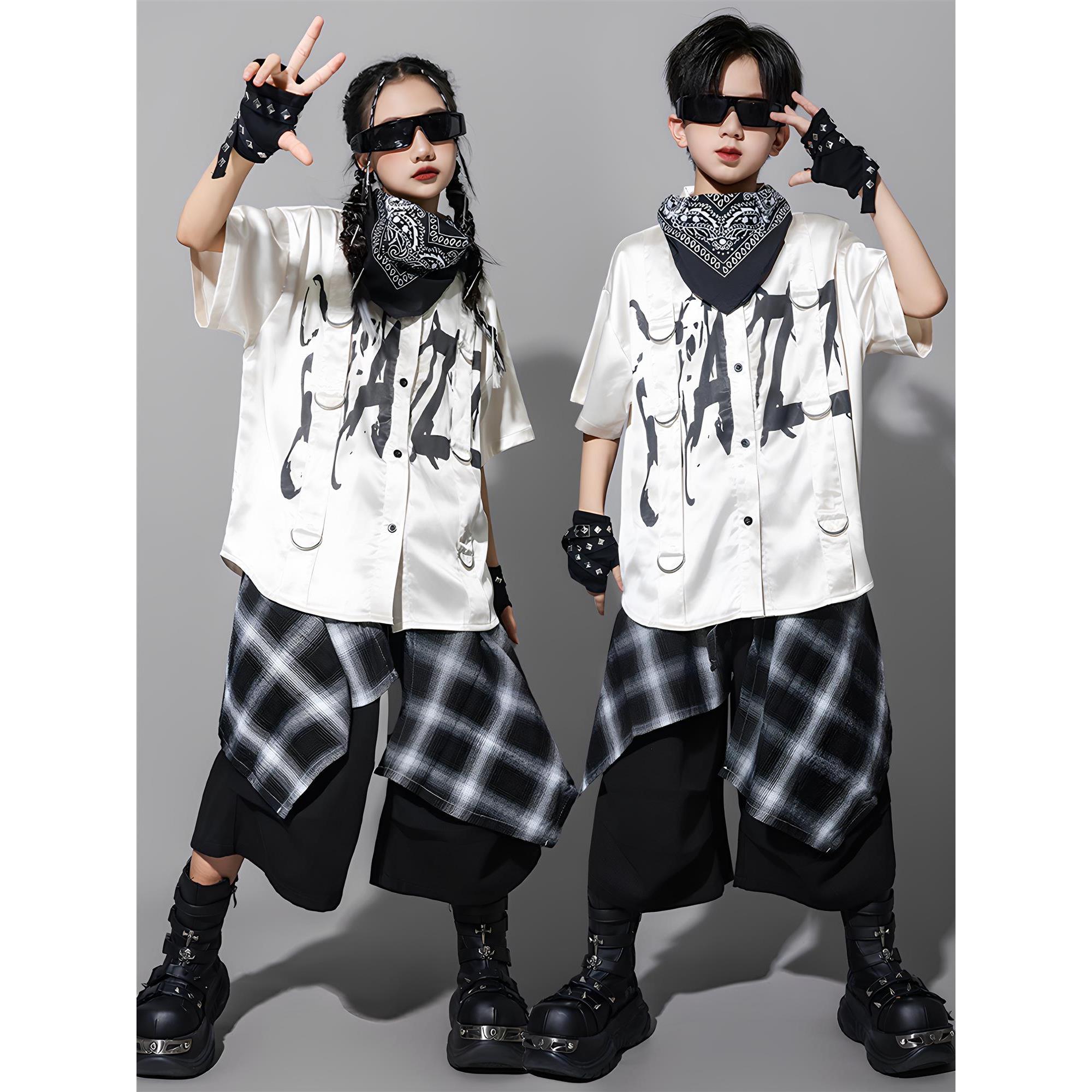 儿童街舞演出服男童嘻哈少儿hiphop衬衫套装女童爵士走秀表演潮服