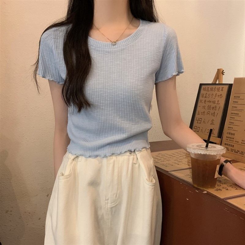 新品白色木耳边短N袖t恤女薄款紧身修身打底短款针织衫吊带裙内搭