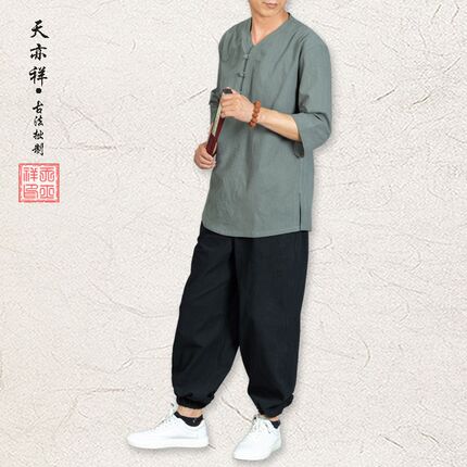 极速夏季亚麻g中国风短袖男t恤宽松V领五分半袖套装中式唐装居士