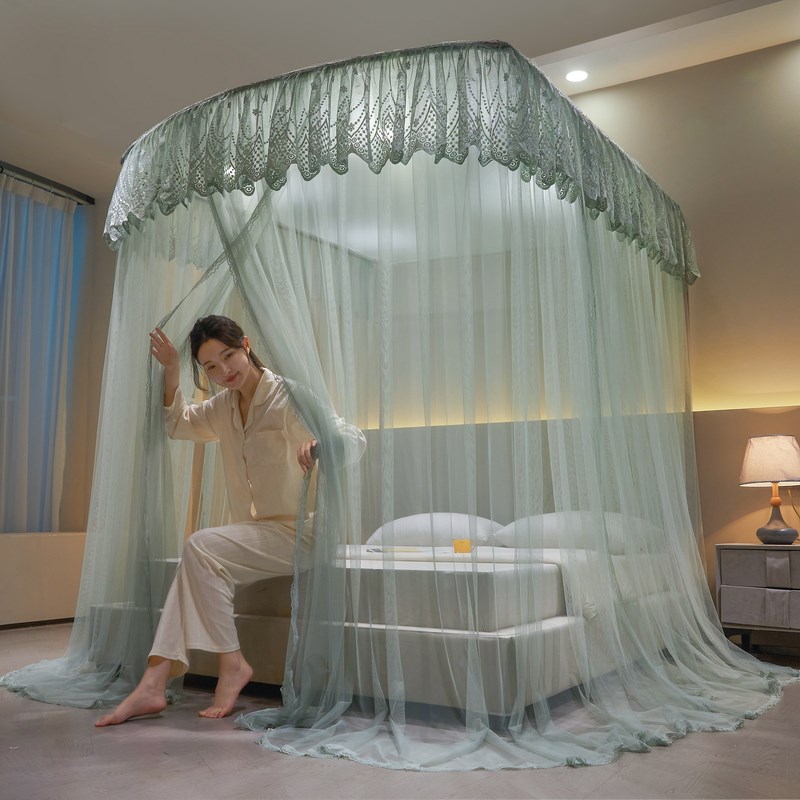 极速U型加密防尘落地式钓鱼杆刺绣蚊帐家J用3开门加厚长度伸缩烤