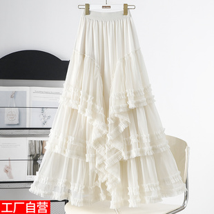 半身裙重工花边新款网纱蛋糕裙女遮胯显瘦多层次不规则纱裙仙女裙