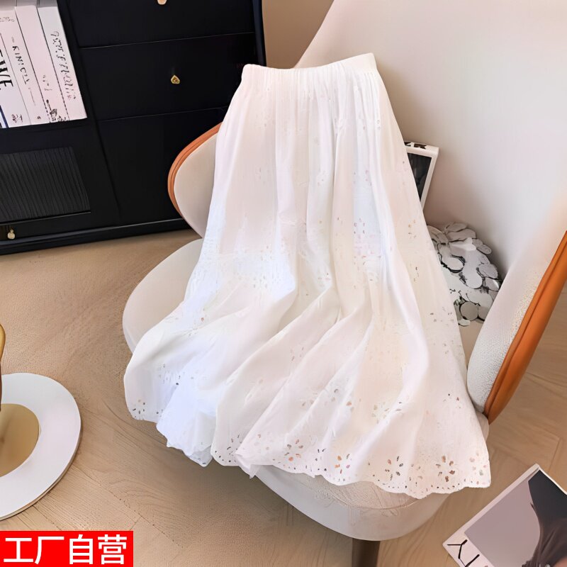 刺绣白色半身裙蕾丝新款镂空拼接裙子百搭中长款大摆a字高腰显瘦