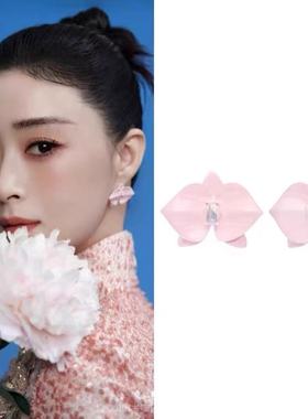 2025蛇年蒋欣春晚同款耳钉蝴蝶兰珐琅气质小众时尚耳环法式耳饰女